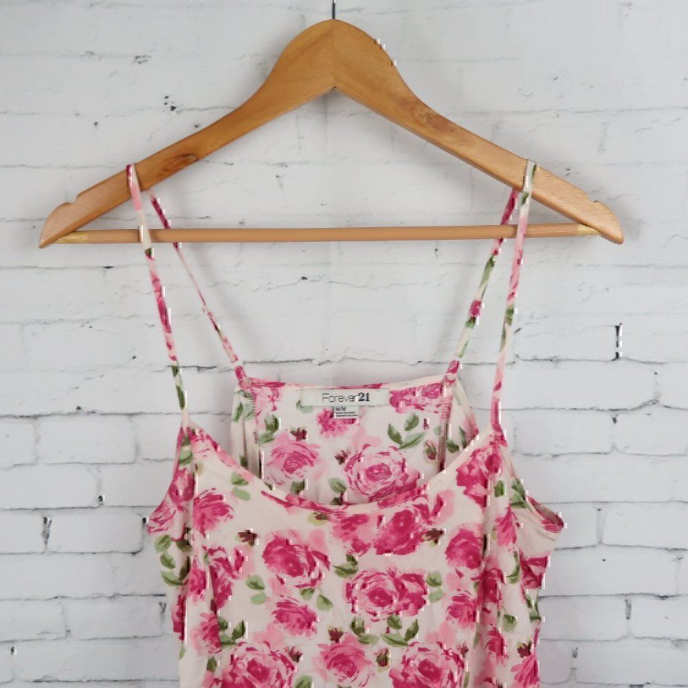 FOREVER 21 PINK ROSE PRINT CAMISOLE TOP WITH ADJUSTABLE STRAPS SIZE MEDIUM - Picture 4 of 7